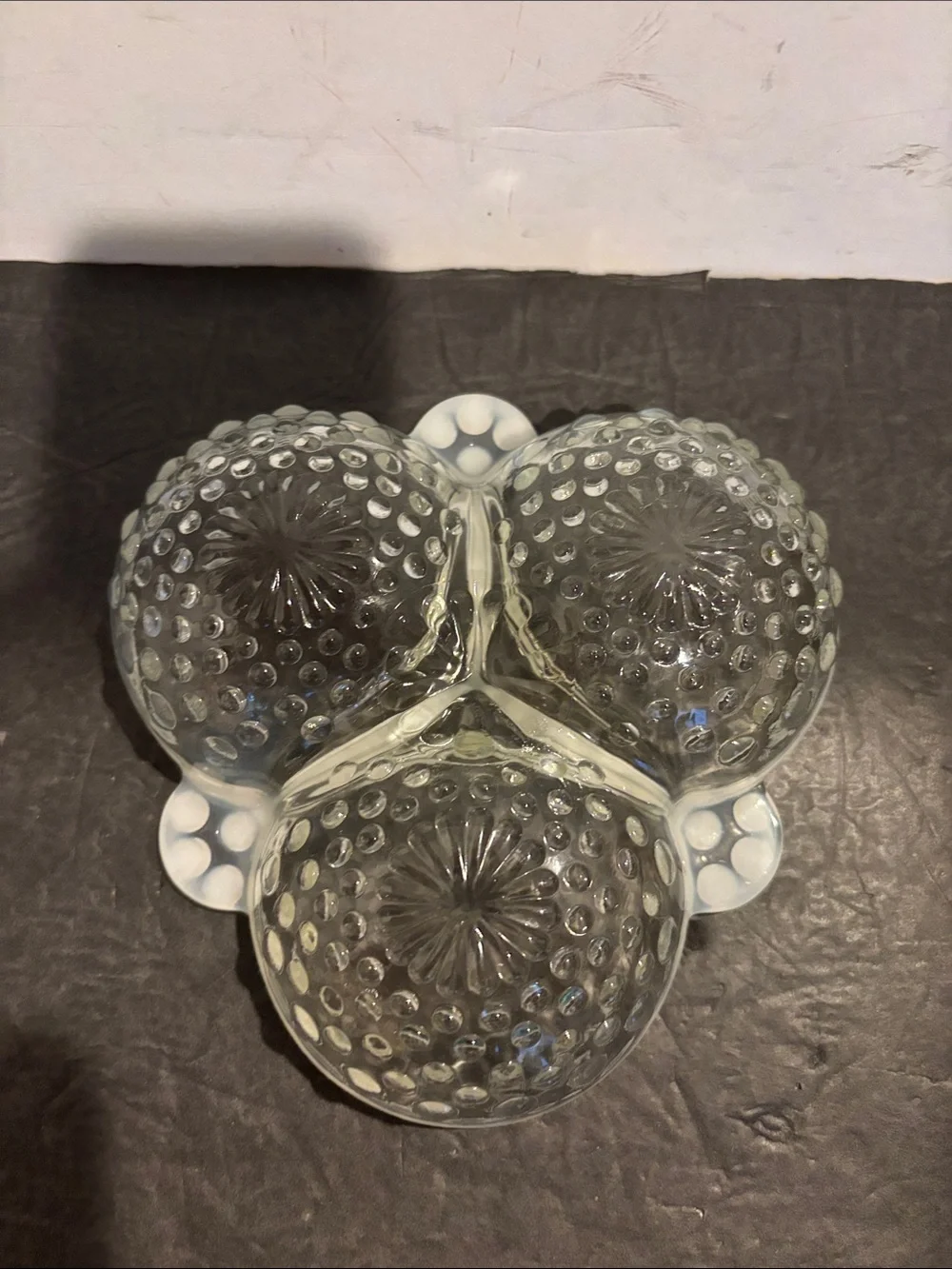Anchor Hocking Moonstone Hobnail Clover Shaped 3 Part Dish Opalescent Glass